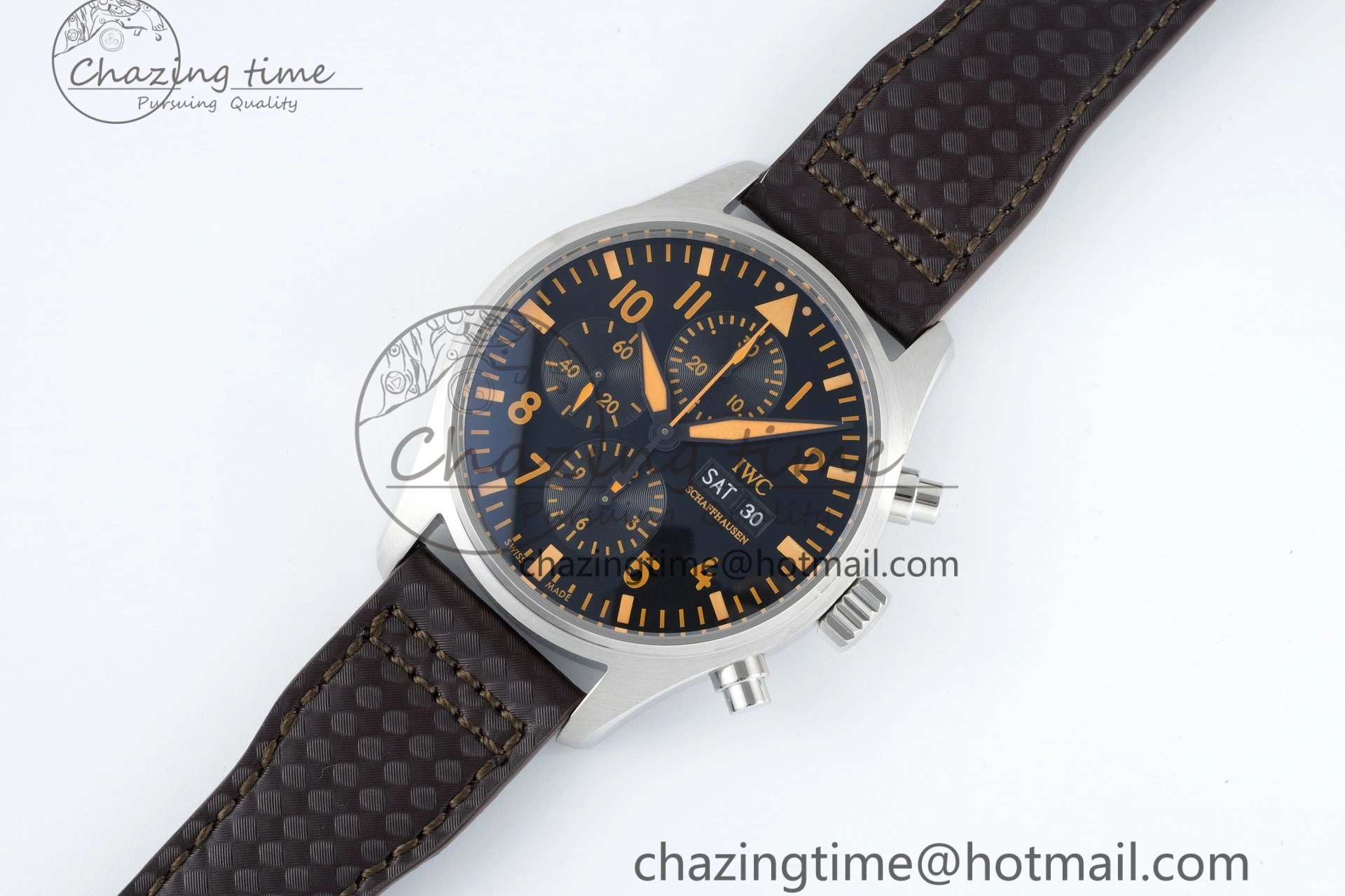 MIROTIME 0509 Pilot Chrono SS AZF 1:1 Best Edition Black Dial Orange Markers on Brown Leather Strap A EasyCare 7065